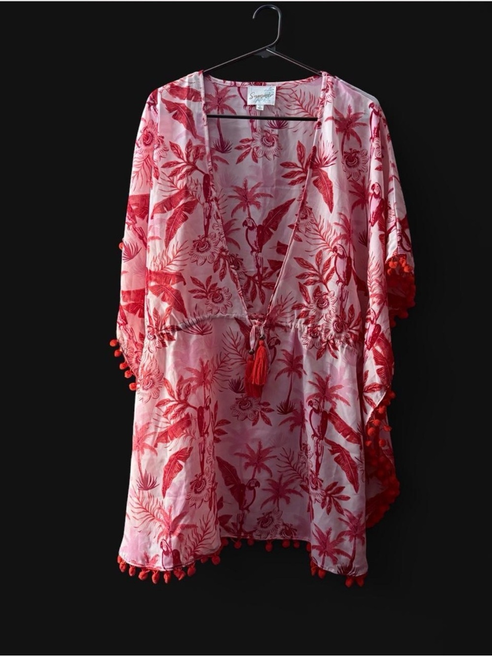 Summer Tropical Parrot Palm Print Pom Pom Swim Cover Up Kimono Large